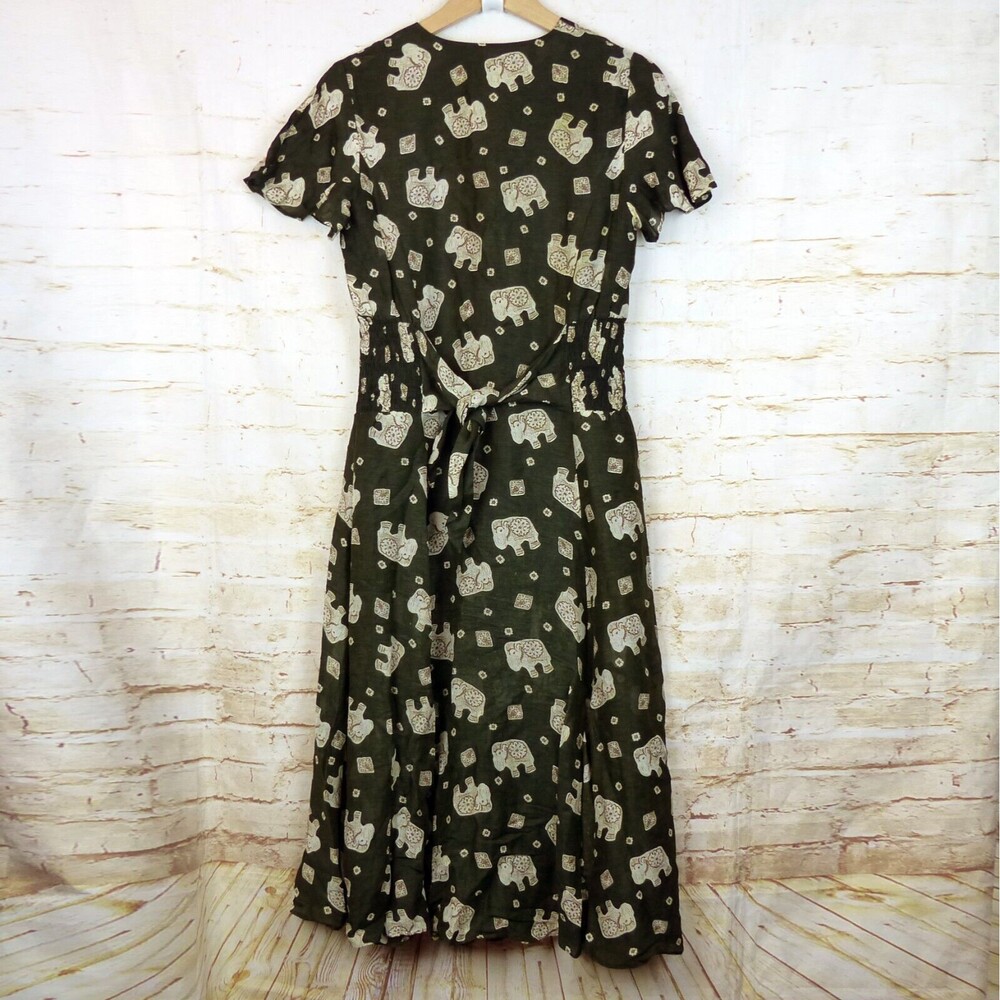 Betty Barclay Dress Womens 38 Green Ethnic Elephant Print Linen Blend Button VTG - Picture 2 of 15